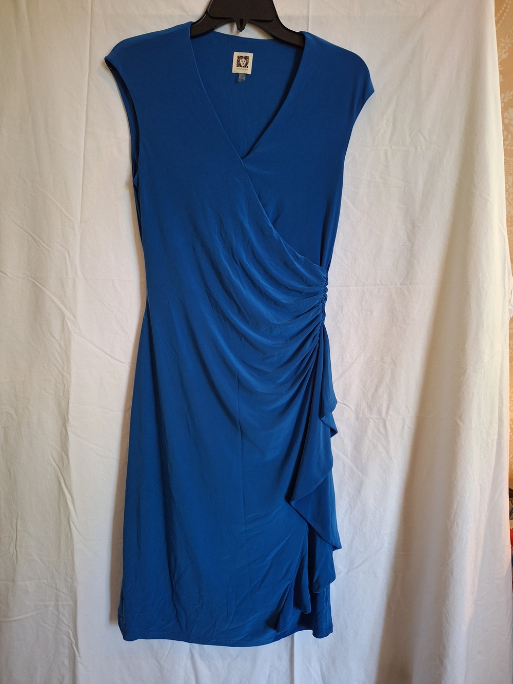 Anne Klein Womans Teal Blue Faux Wrap Sleeveless Dress Side Ruffle Sz 8 Classic